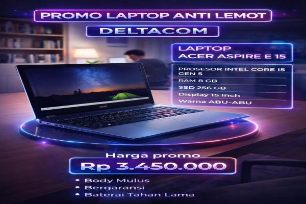 ACER ASPIRE E 15 , TYPE BARU BODY SLIM, PROSESOR INTEL CORE I5 GEN 5 MEMORY RAM 8 GB STORAGE SSD 256 GB DISPLAY 15 INCH MULUS , WARNAH ABU-ABU , LECE